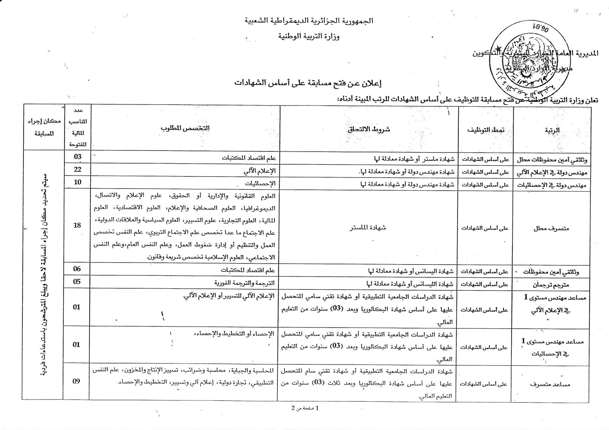 وزارة التربية مسابقة توظيف