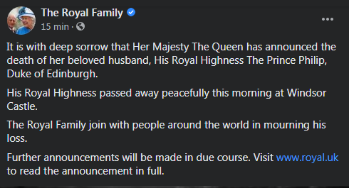 بيان القصر الملكي البريطاني يعلن فيه وفاة الأمير فيليب