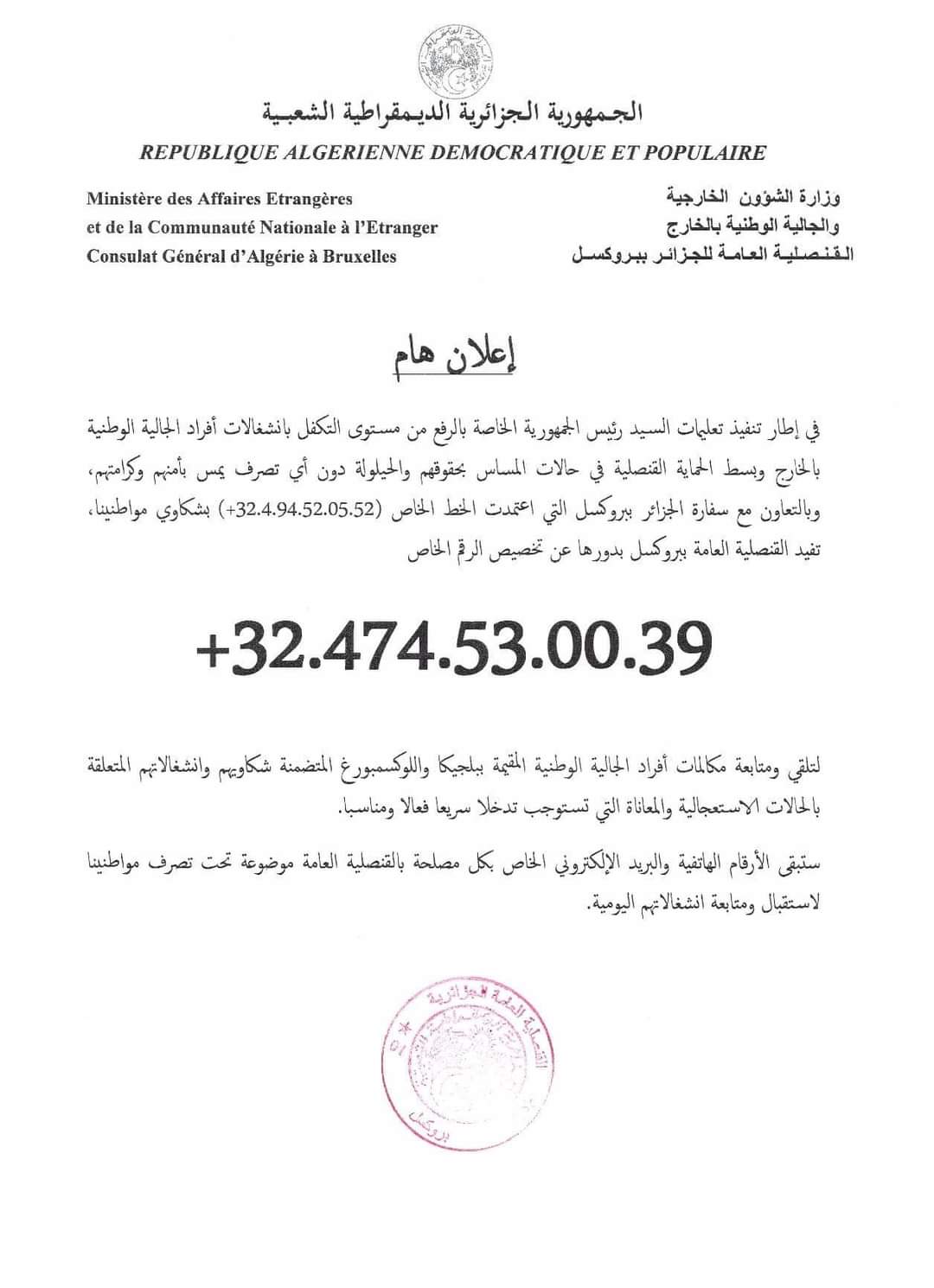 تخصيص رقم هاتفي لتلقي ومتابعة مكالمات أفراد الجالية المقيمة ببلجيكا واللوكسمبورغ